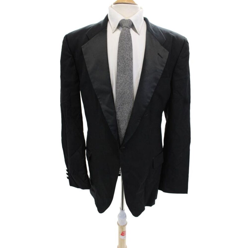 Designer Men Tuxedo Jacket Black Collared Button Long Sleeve Solid Size 44